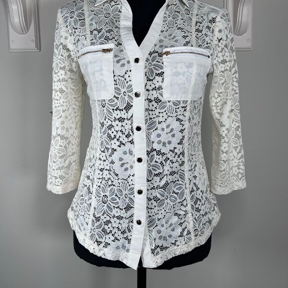 Vintage Fashion Magazine Lace Button-Up Blouse Women Small Off White Top - Picture 2 of 14